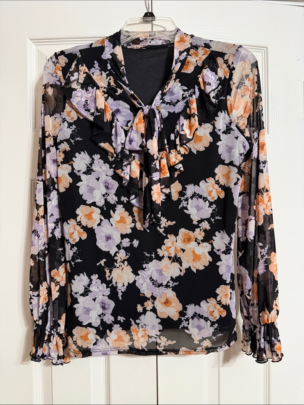 Size Medium Long Sleeve Blouse Black Floral Tie-Neck